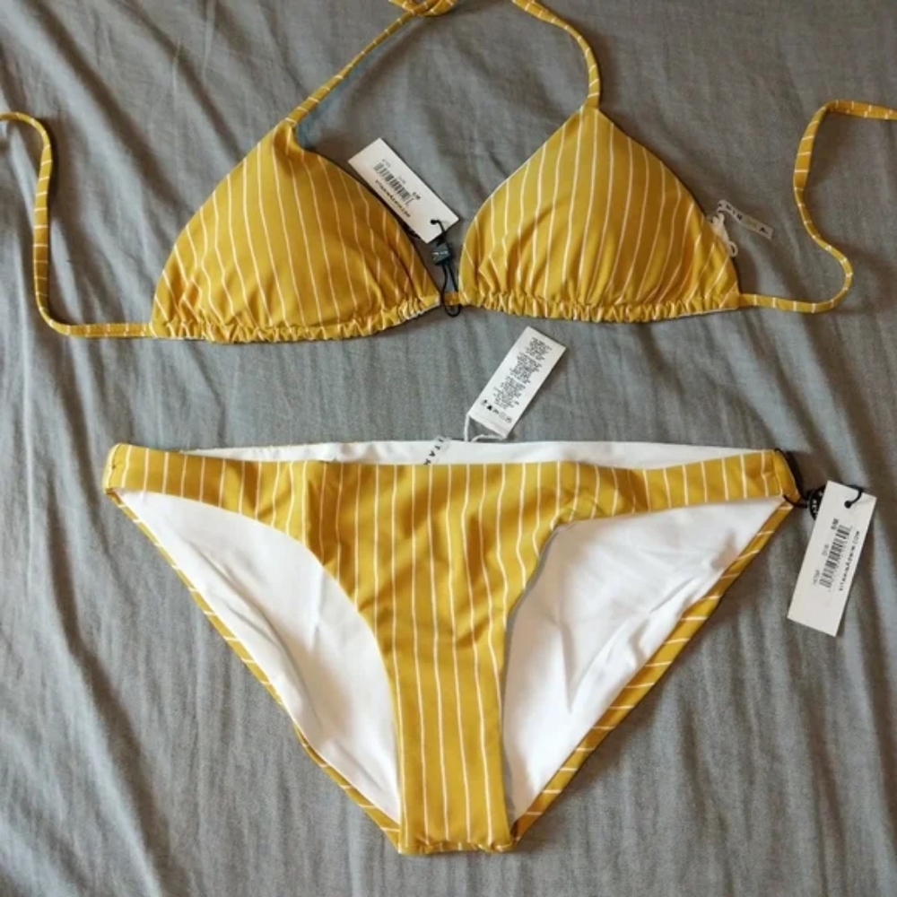 Vitamin A Gia Triangle Bikini Top Luciana Bottoms Yellow Marigold Dorado Stripe